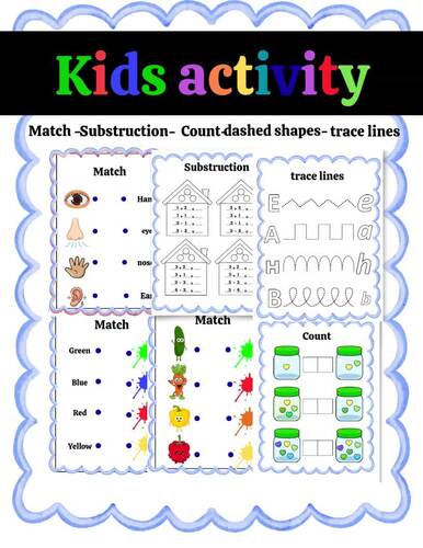 Kids activity-Match - Substruction- Count- dashed shapes- trace lines