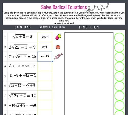 Solve Radical Equations self-checking activity, Collect and Find