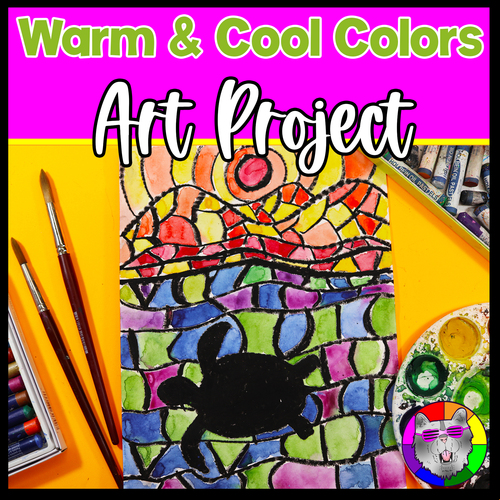 Preview of Element of Art Color Art Lesson Warm Cool Colors Turtle Landscape for Elementary