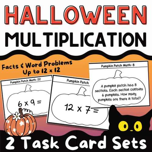 Halloween Math Multiplication Facts Practice Task Cards Word Problems Models