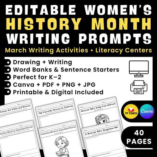 Editable Women’s History Month Writing Prompts | March Literacy Centers