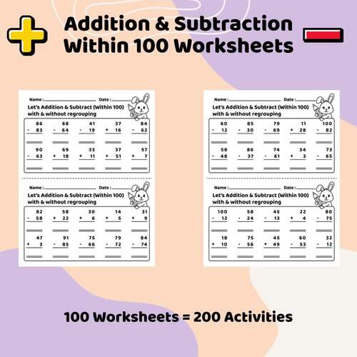 Addition and Subtraction Within 100 Worksheets | Mixed Practice With ...