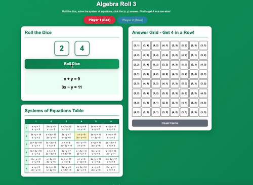 Algebra Roll 3 Game Print, Digital Web Game, System of Equations, 2 ...