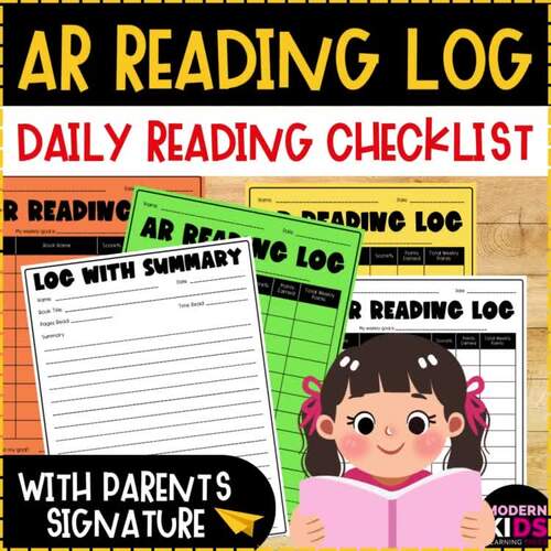 Daily Reading Checklist with Parent Signature - AR Reading Log with ...