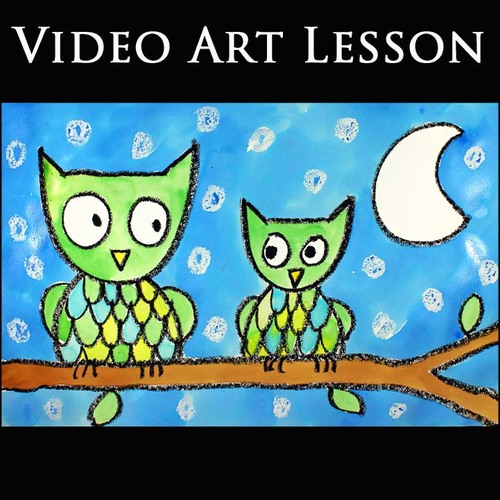Preview of OWLS UNDER THE MOON Art Project | EASY Fall & Autumn Drawing & Painting Lesson