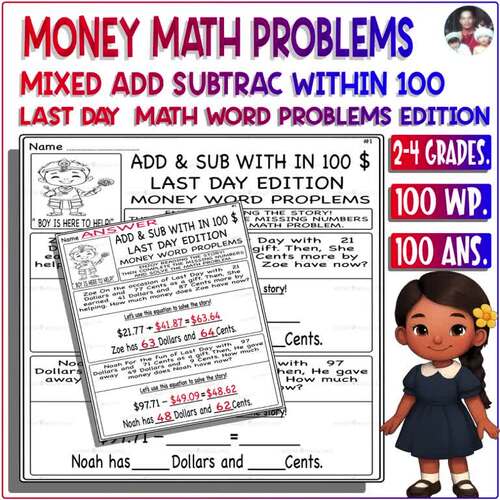Last Day Math Money Word Problems mixed Add and Sub Within 100 ...