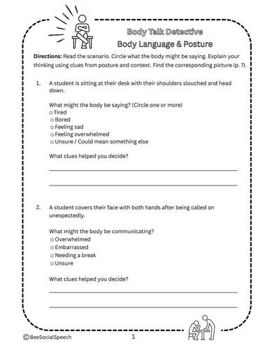 Body Language & Posture Worksheets | Nonverbal Communication | Social ...