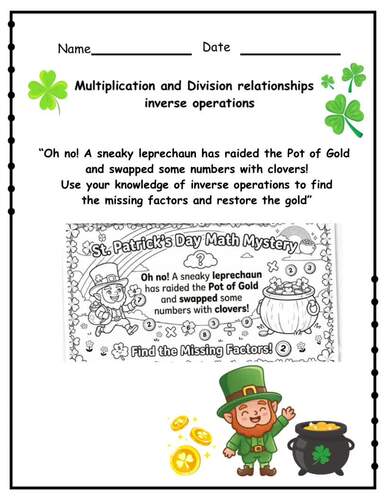 St. Patrick's Day Math Mystery | Missing Factors Multiplication & Division