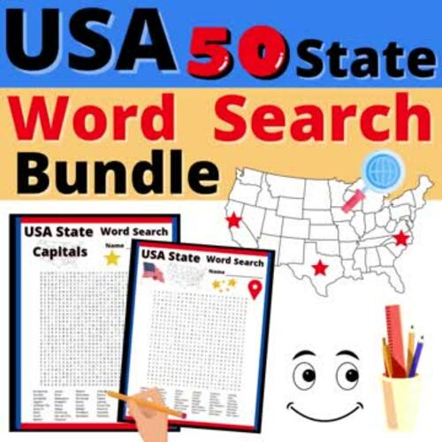 50 State Word Search Puzzle Bundle USA States and Capitals Resource No Prep