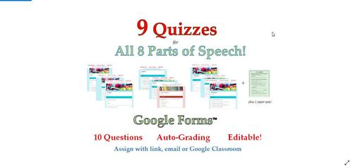 Parts of Speech Quiz BUNDLE - 9 Google Forms™ Assessments of Nouns ...