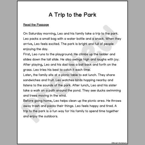 A Trip to the Park Reading Comprehension Passage | Grade 2–3 | No Prep