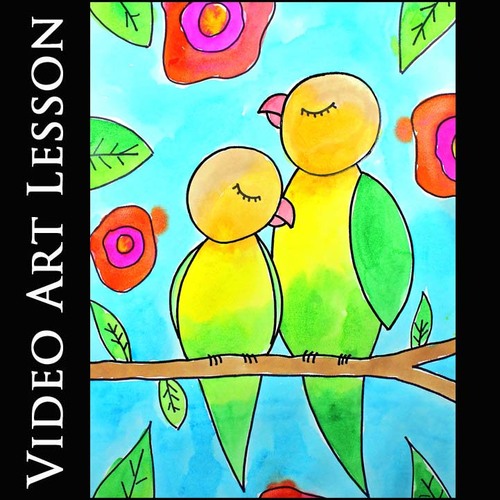 Preview of MOTHER'S DAY LOVEBIRDS | Directed Drawing & Painting Art Project & Lesson