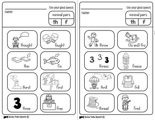 Minimal Pairs Th Vs F Half Page Homework Articulation Speech Therapy