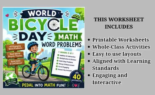 World Bicycle Day Math Word Problems Worksheets Grades 2-8 | No Prep