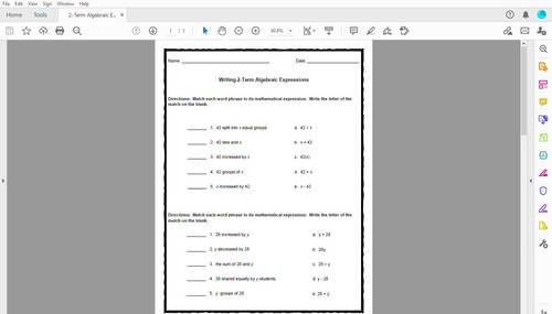2-Term Algebraic Expressions Worksheet Matching