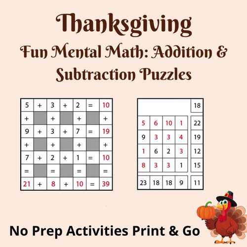 Thanksgiving Fun Mental Math Across-Downs Addition and Subtraction Box ...