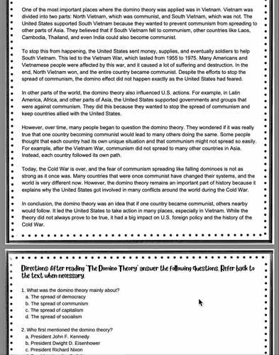 Domino Theory Reading Passage Worksheet | Comprehension & Writing Task