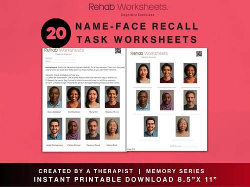 Name-Face Memory Task - 20 Worksheets | Cognitive Memory Recall Task ...