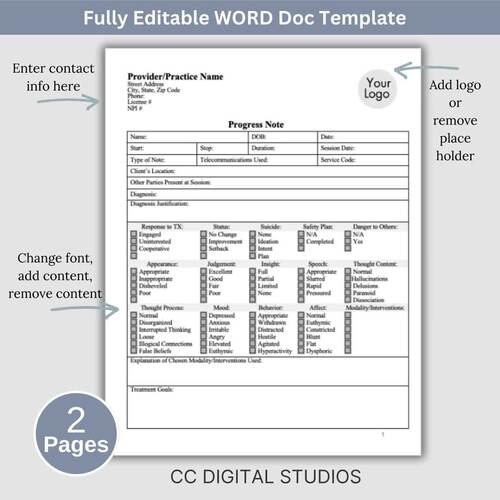 Therapist Progress Notes for Telemental Health Therapists, WORD Template