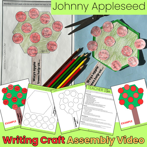Preview of Johnny Appleseed Day Activity Video | Apple Tree Writing Craft | Bulletin Board