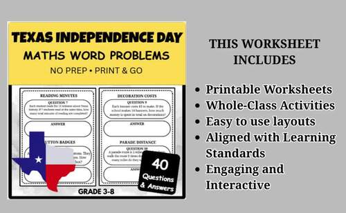 Texas Independence Day Math Word Problems Grades 3–8 by Learnwith Ease