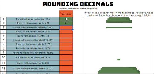 Rounding Decimals Pixel Art- Digital Self-Checking Activity with Worksheet