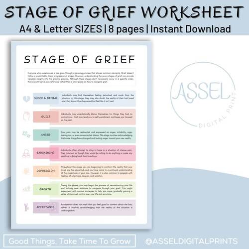 8 Stages of grief worksheets, grief and loss, bereavement, grief therapy