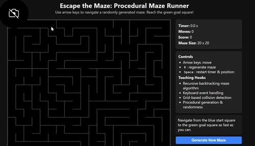 HTML5 JavaScript Complete Lab Grades 6-12 Escape the Maze Procedural Maze Runner