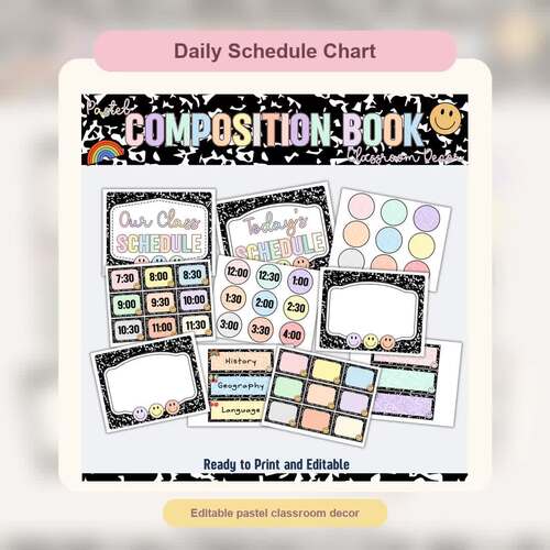 Editable Visual Schedule Cards: Pastel Composition Book | Daily Schedule
