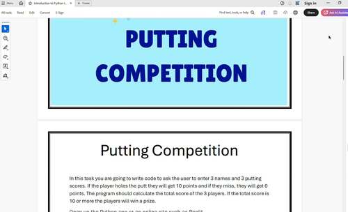 Introduction to Python – Beginner Coding - Putting Project 7th - 10th Grade