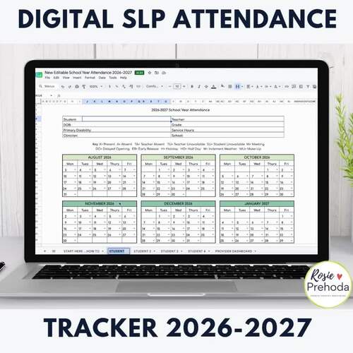 Editable Speech Therapy Attendance Calendar | Digital Tracker 2026-2027