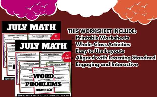 JULY Math Word Problem Worksheets, 6th, 7th, and 8th Grade | TPT