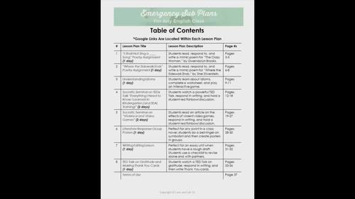 Sub Plans for English Language Arts with 10 Lesson Plans for High ...
