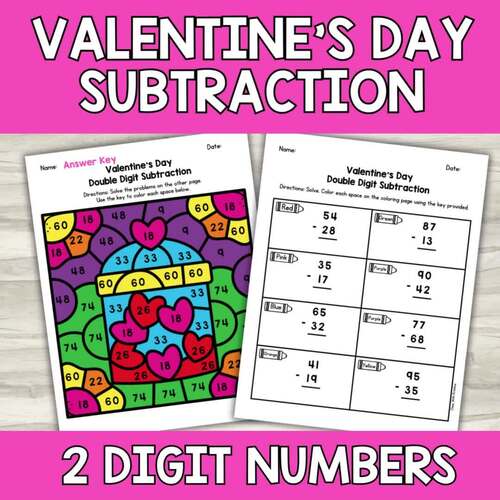 Valentine's Day Double Digit Subtraction Color by Answer | Math ...