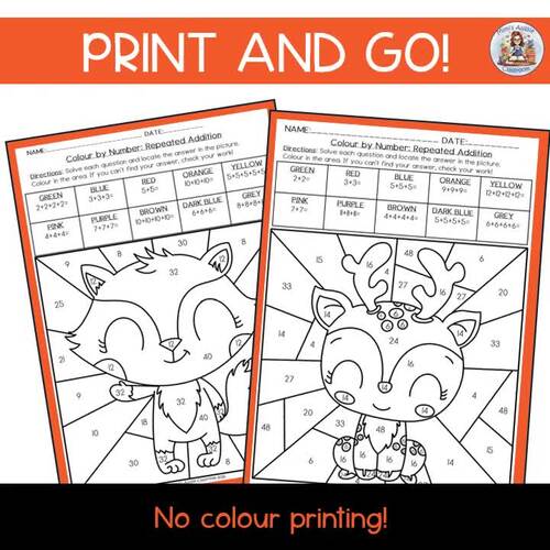 2nd Grade Color by Number Repeated Addition Math Printable Worksheet