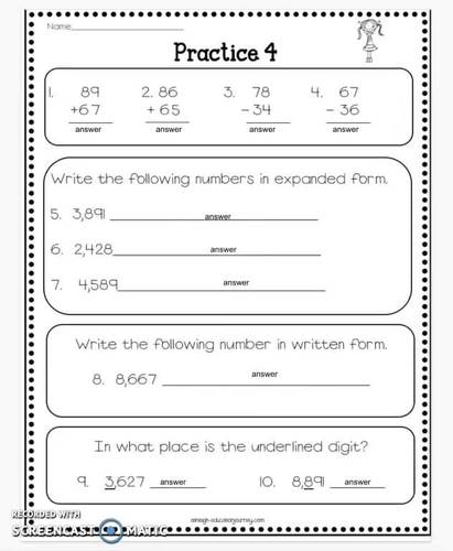 3rd Grade Math Review - Spiral Review Worksheets - Distance Learning