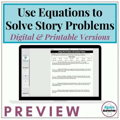 Solving Equations from Word Problems Worksheet by Algebra Elevated
