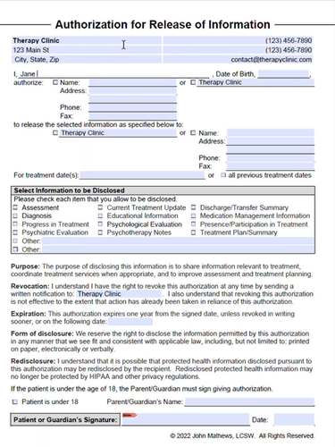 Mental Health Release of Information Form ROI PDF Fillable Editable