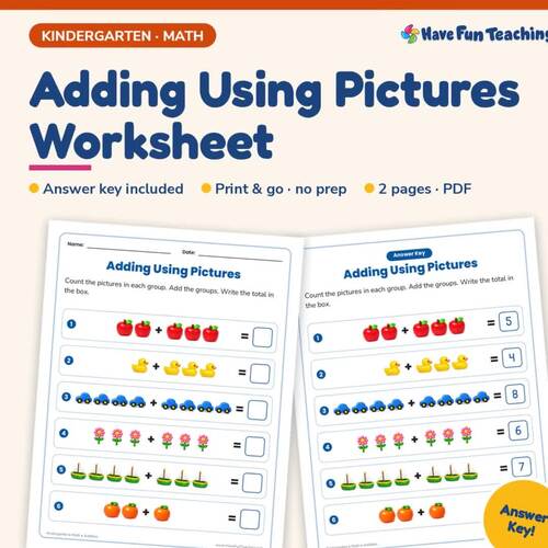 Adding Using Pictures Worksheet | Kindergarten Addition Practice with ...
