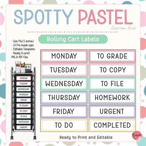 Rolling Cart Labels: Spotty Pastel | Editable 10 Drawer Cart Labels
