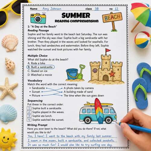 Summer Reading Comprehension Worksheets, Passages with Questions & Writing
