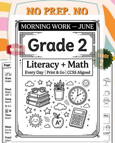 Morning Work June Grade 2 | ELA Math Review Worksheets | No Prep
