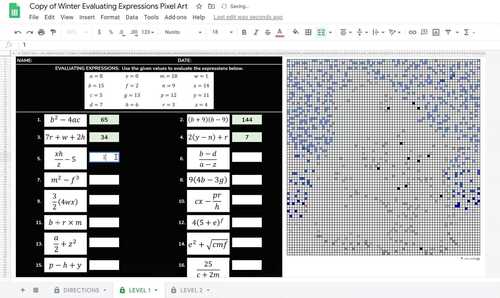 Digital Pixel Art Math Winter Algebra Evaluating Algebraic Expressions