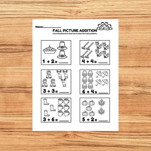Fall Picture Addition Worksheets | PreK Math, Kindergarten Counting ...