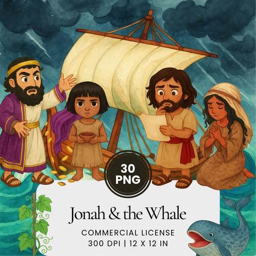 Jonah &amp; the Whale Old Testament Bible Story Watercolor Clipart by Ikota ...
