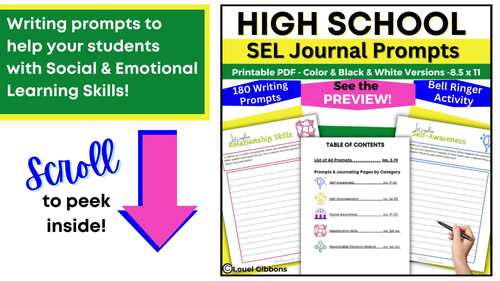 Social Emotional Learning Activities 180 Journal Prompts High 