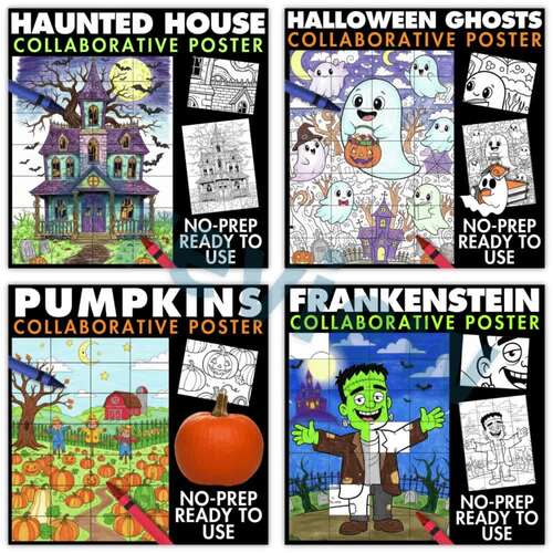 Halloween Activities Collaborative Coloring Poster Bundle Haunted House ...