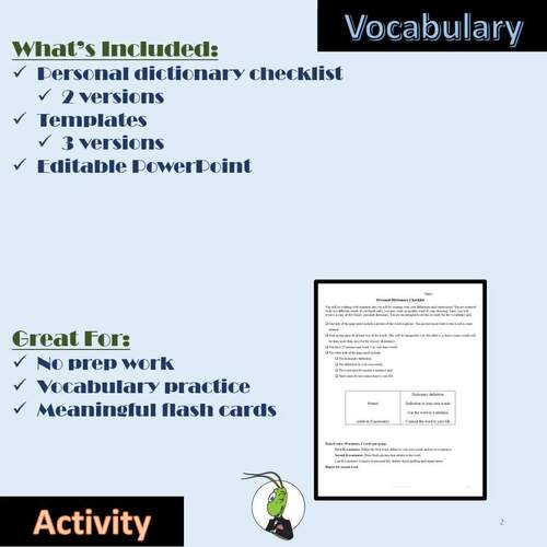 Class Dictionary Flashcards Checklist and Vocabulary Graphing Organizer