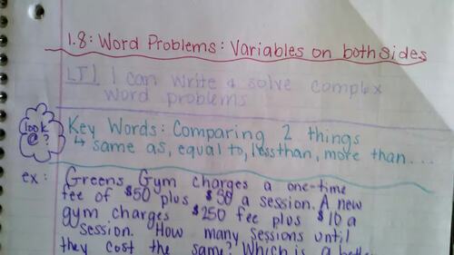 Preview of 1.8 Video Notes: Variables on Both sides word Problems