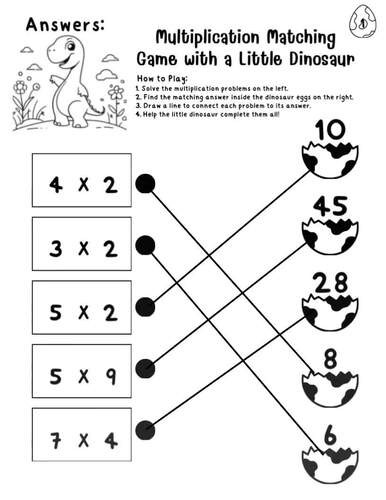 Dinosaur Multiplication Matching Worksheets | Times Tables Practice ...